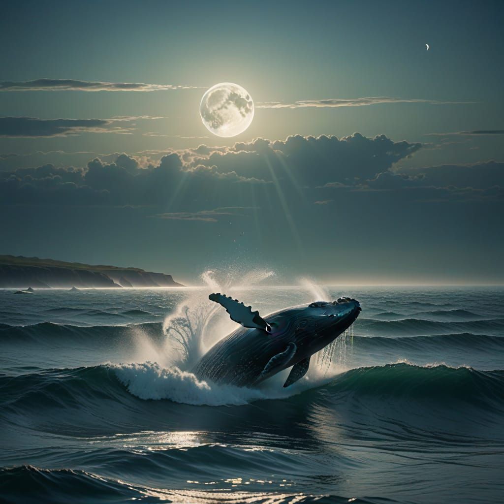 Whale Breaches Under Full Moon's Silvery Glow