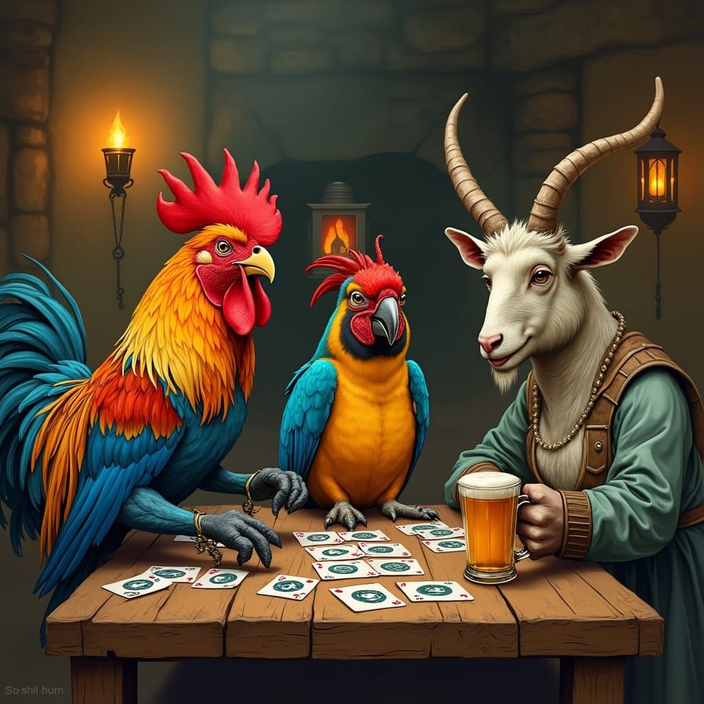 Animals Playing Cards in Whimsical Storybook Scene