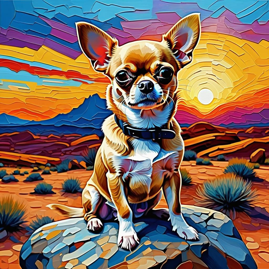 Chihuahua at Desert Sunset in Post-Impressionist Style