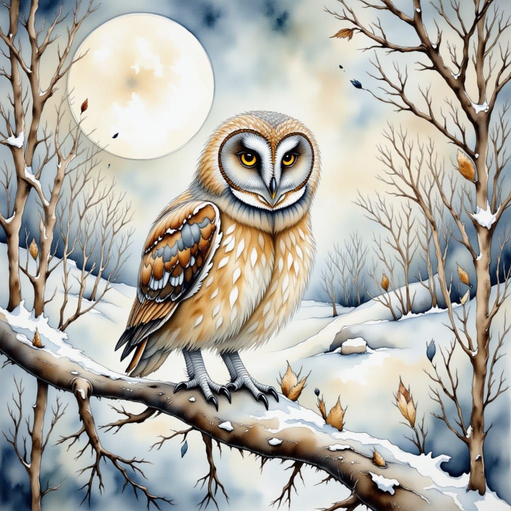 Owl in Winter Landscape with Icy Branches