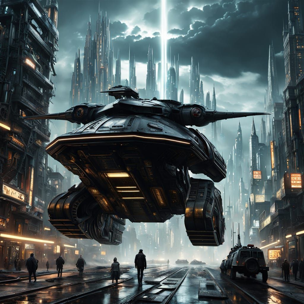 Futuristic Flying Tank Soars Through Turbulent Dystopian Ski...