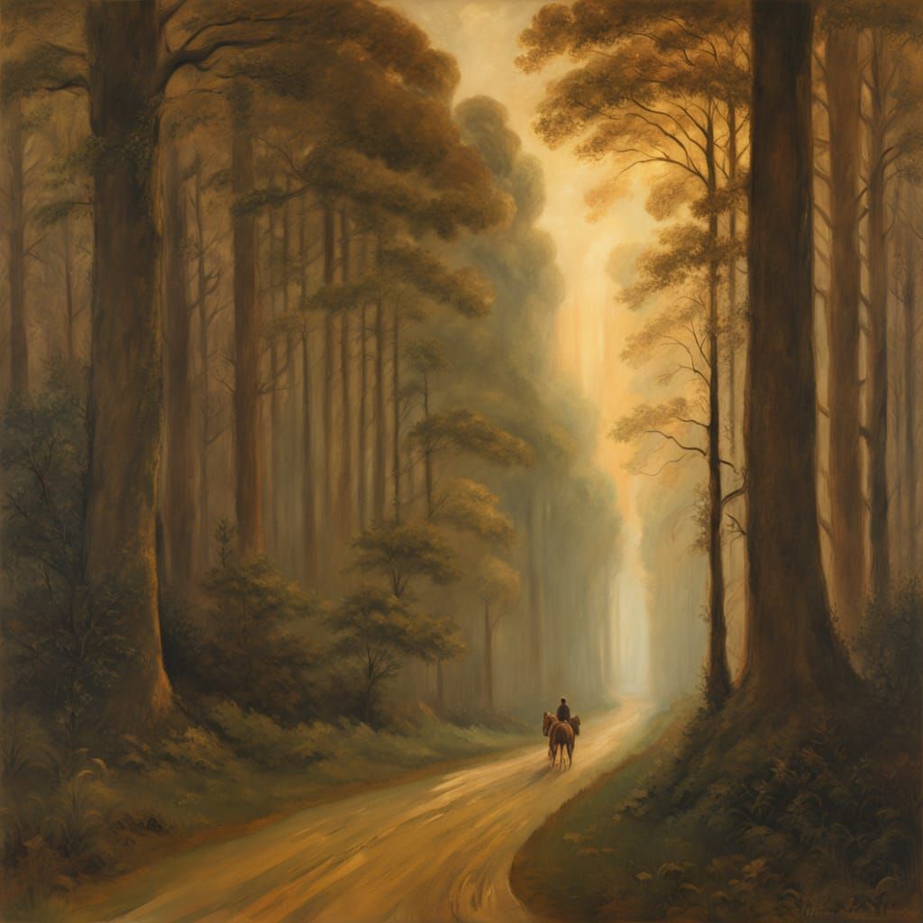 Rider on Forest Road in Pre-Raphaelite Style