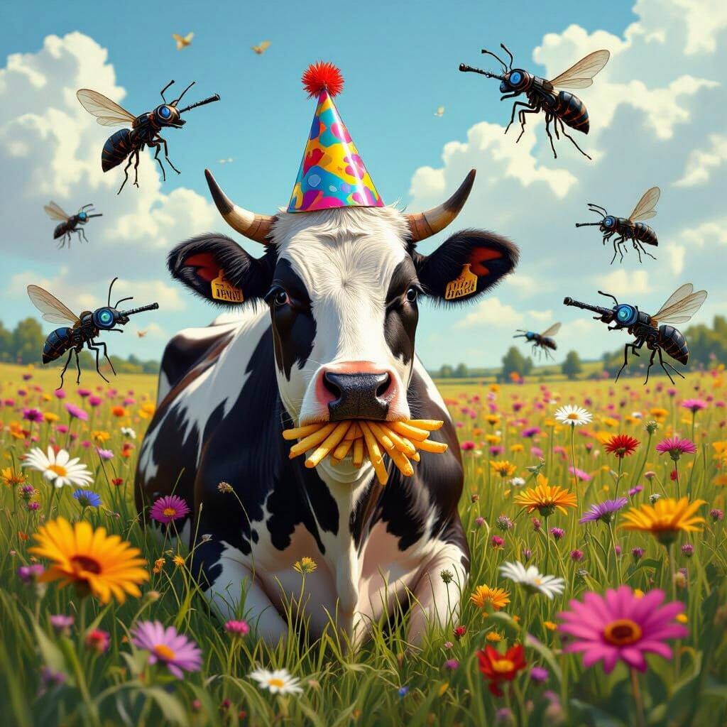 Cow with Fries and Armed Ants, Whimsical Digital Art