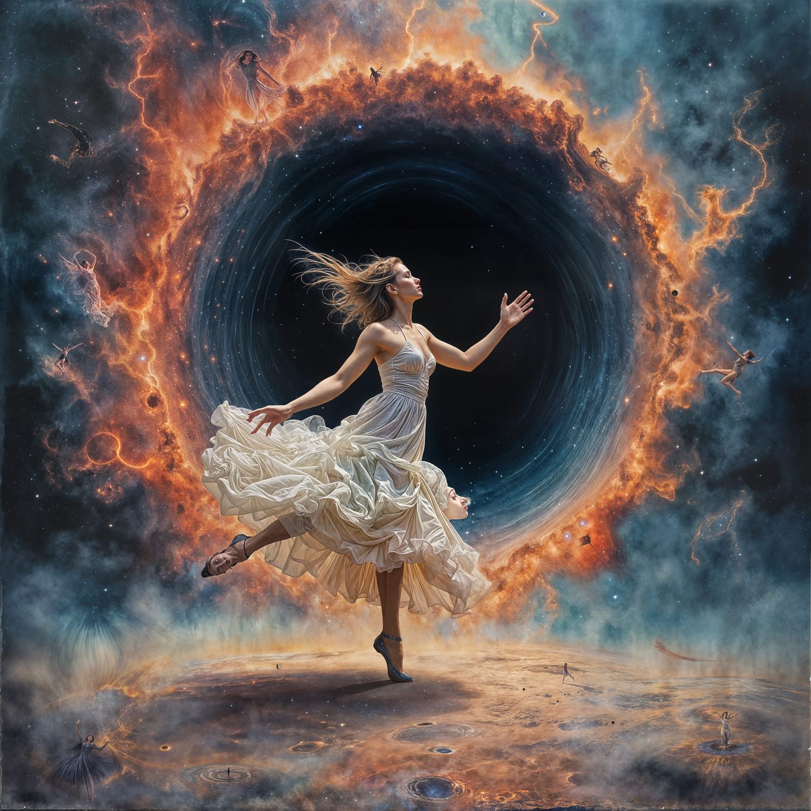 Woman Dancing to Cosmic Black Hole in Space