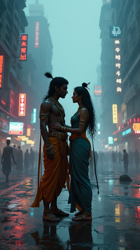 Radha Krishna in Cyberpunk Dystopia