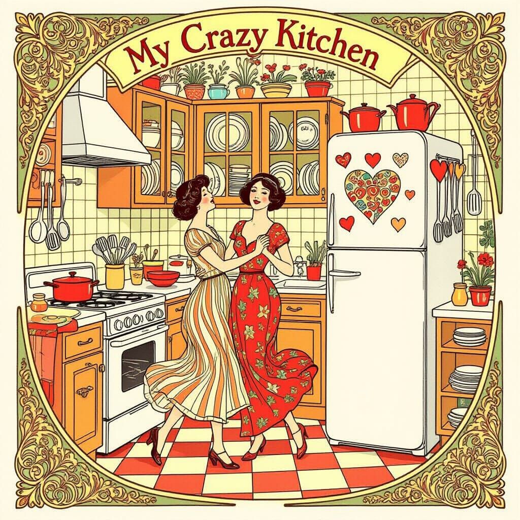 Art Nouveau Kitchen Illustration With Vibrant, Organic Lines