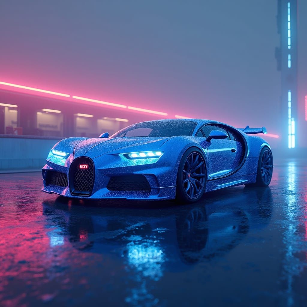 Futuristic Chrome Blue Bugatti with Large Spoiler