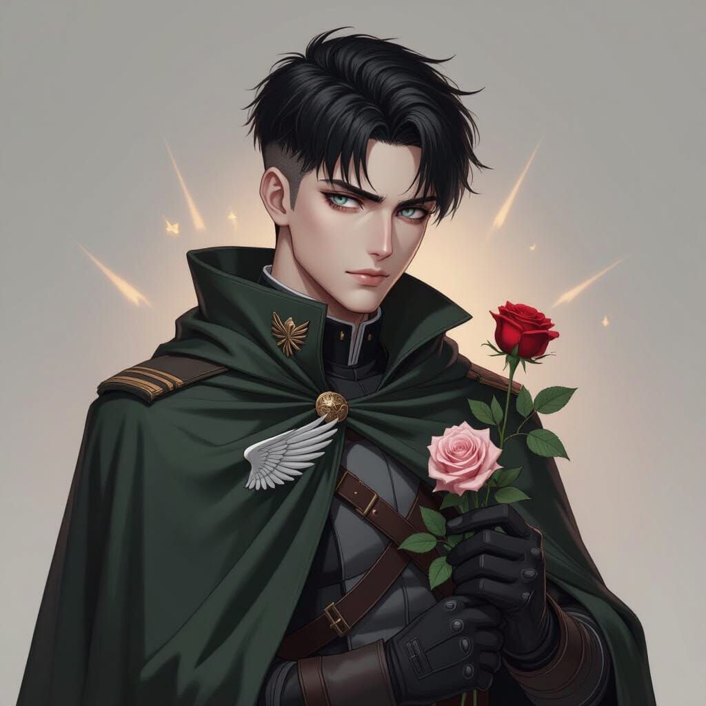 Stoic Soldier with Rose, Detailed Anime Style