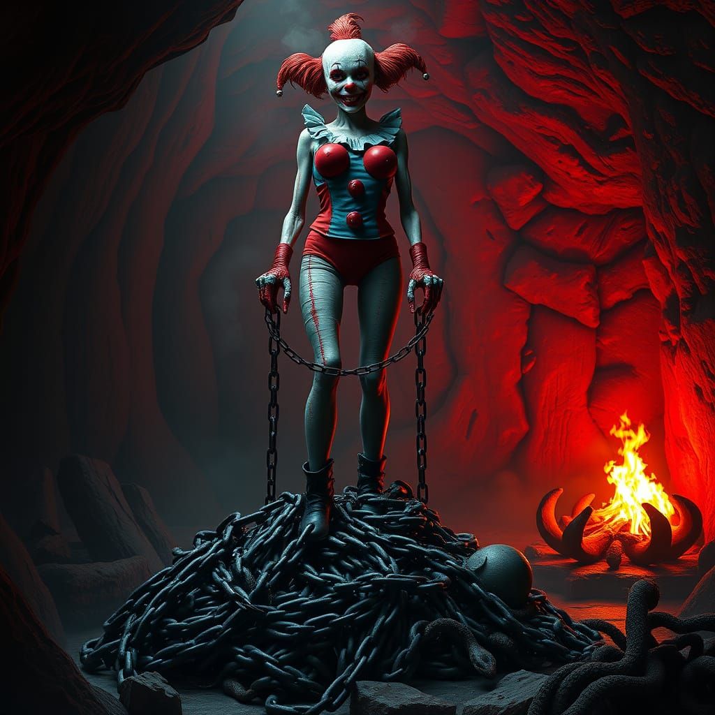 Gothic Female Clown in Chains, Blood Red Cave, Hellish Flame...