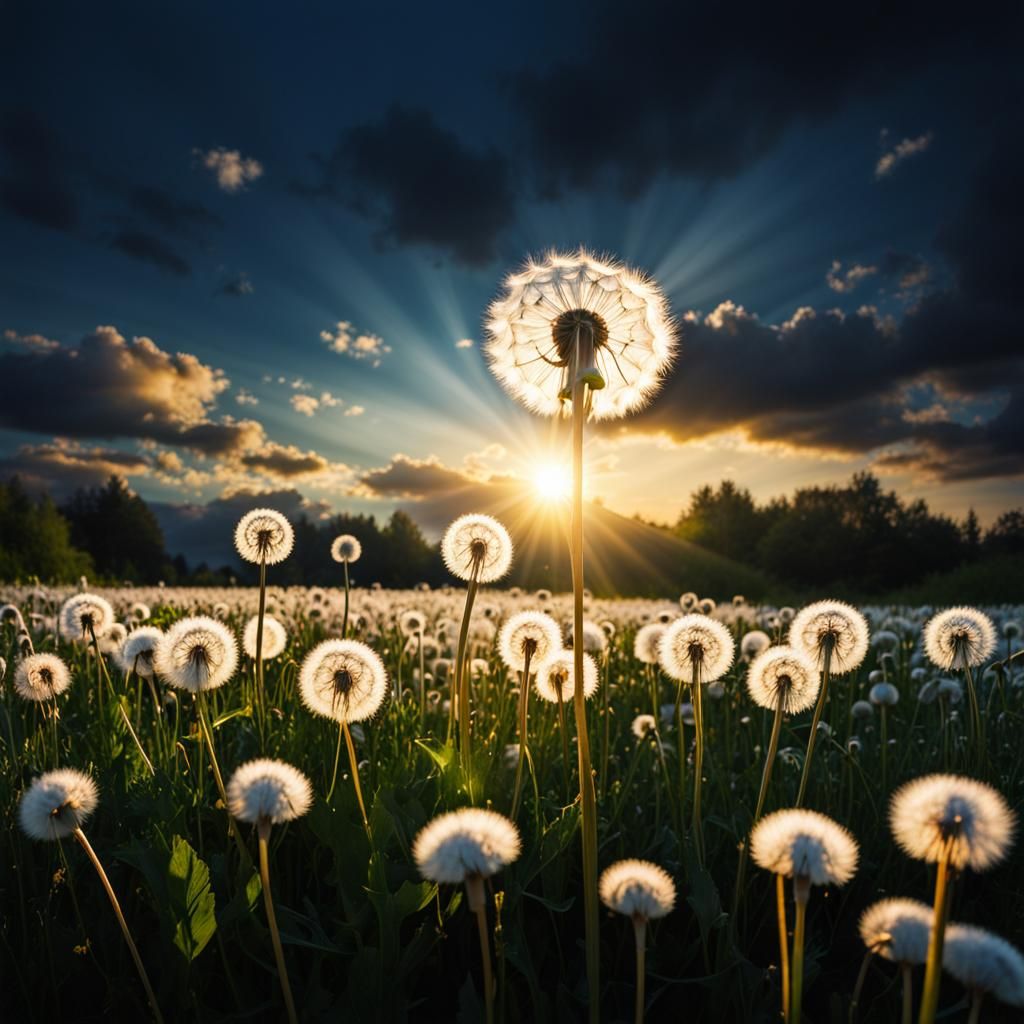 White Dandelion Field in Warm Sunlight