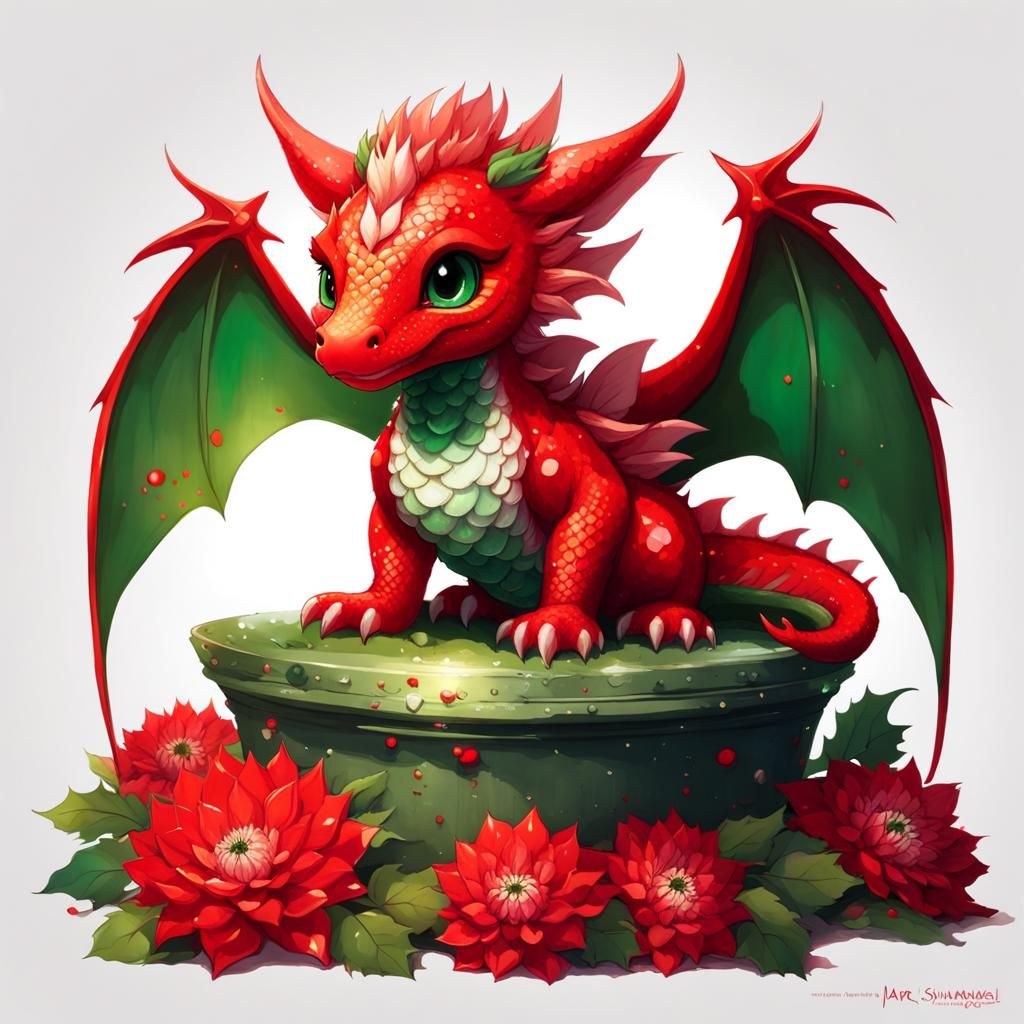 Cute Chibi Dragon with Dahlias, Digital Art