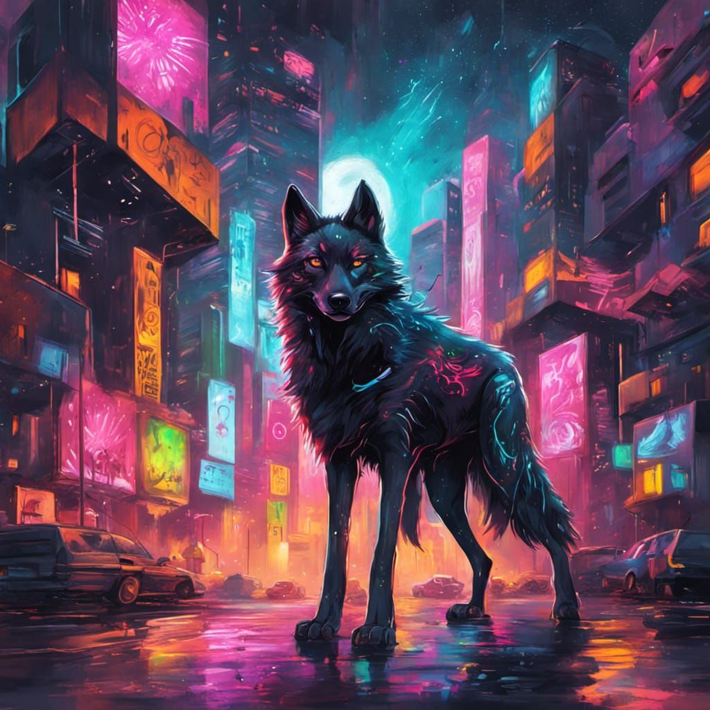 Cyberpunk Wolf Cub in Neon City, Graffiti Art