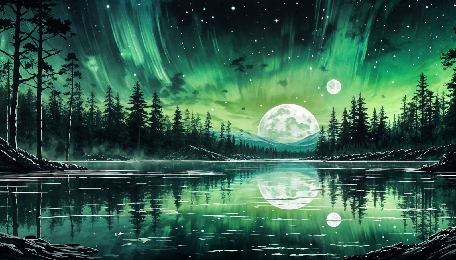Black and Green Aurora Over Serene Lake
