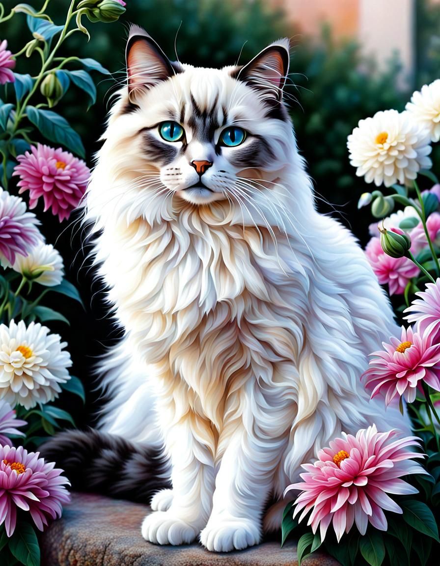 Ragdoll Cat Portrait Surrounded by Flowers