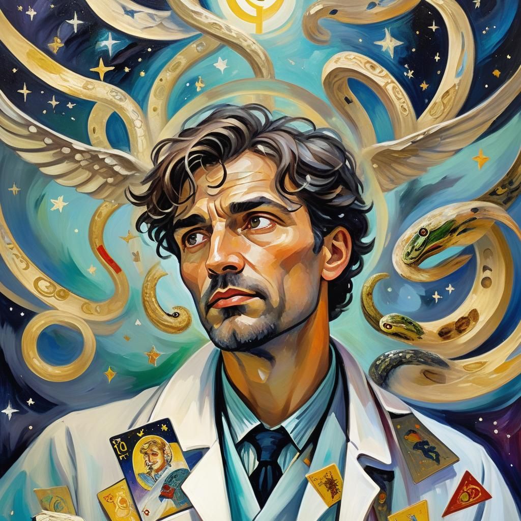Expressionist Doctor Portrait with Tarot Cards in Oil Painti...