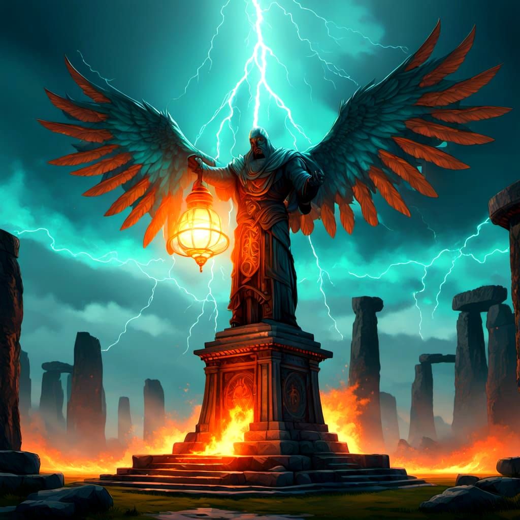 Stonehenge at Night: Magical Lamp and Mythological Creatures