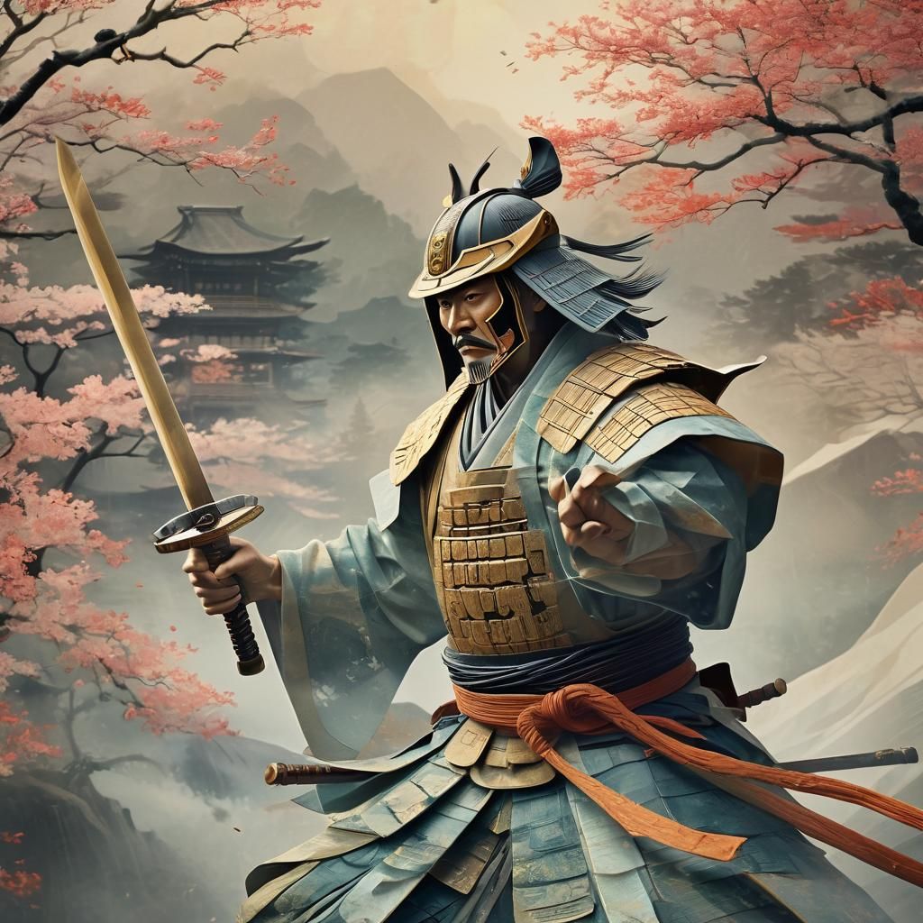 Samurai Shogun Fight Scene in Ukiyo-e Style