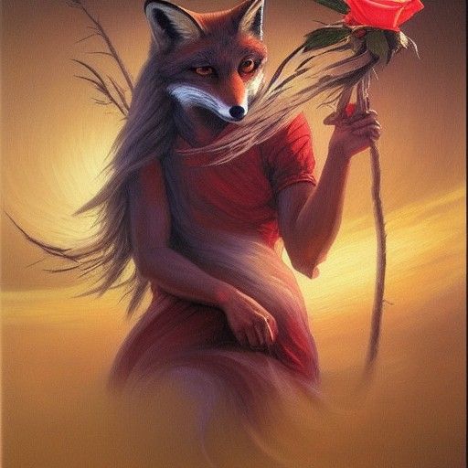 Fox Spirit with Rose in Oil Painting Style
