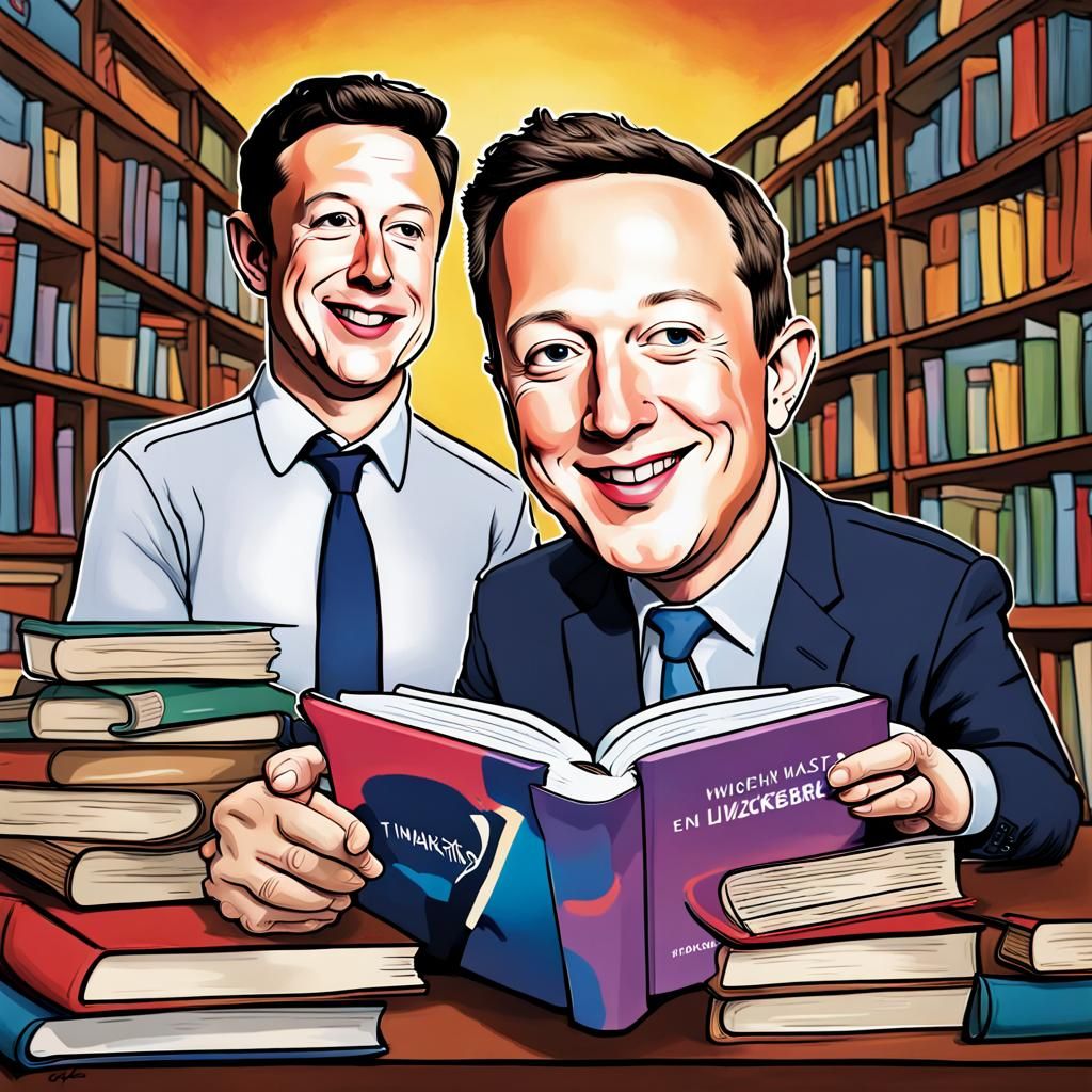 Musk and Zuckerberg Caricatures Reading: Knowledge is Wealth