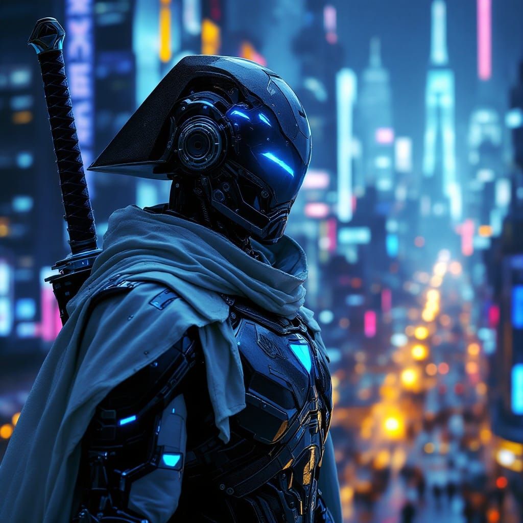 Cybernetic Samurai Robot in Neon-Lit Metropolis