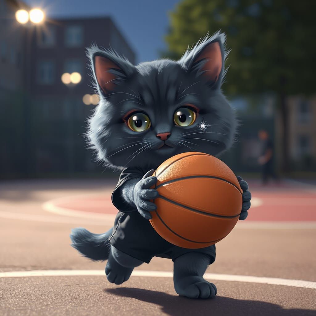 Chibi Cat Plays Basketball in Hyperrealistic Style