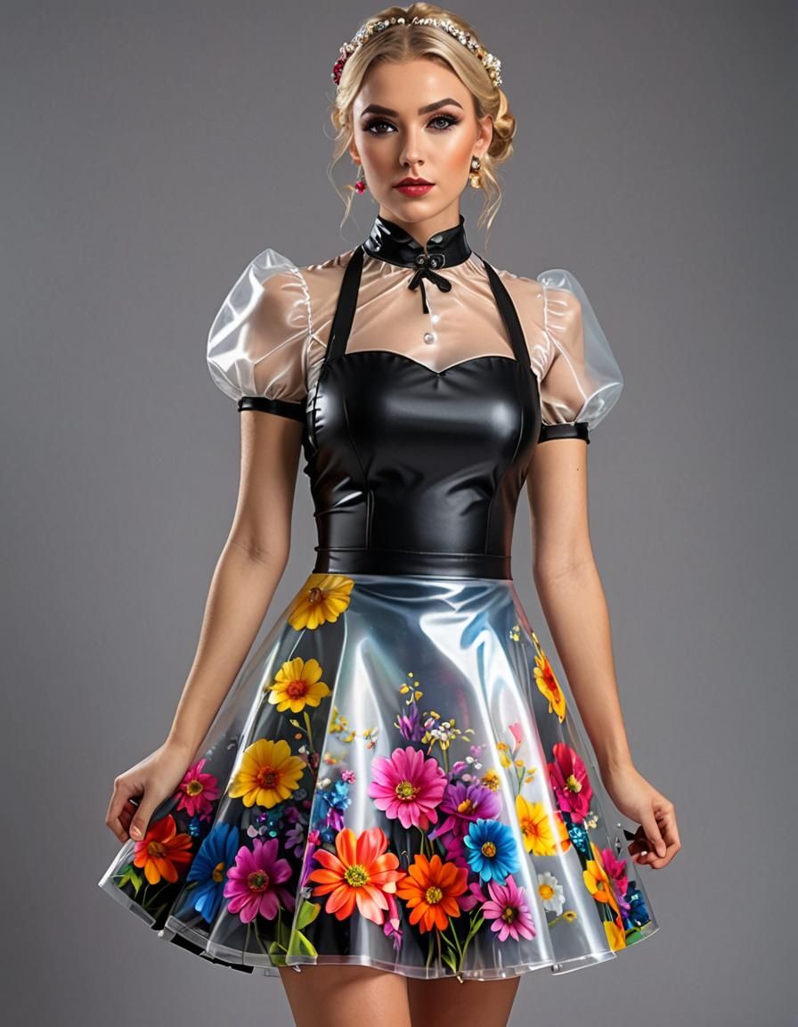 Young Woman in See-Through Liquid Latex Dress