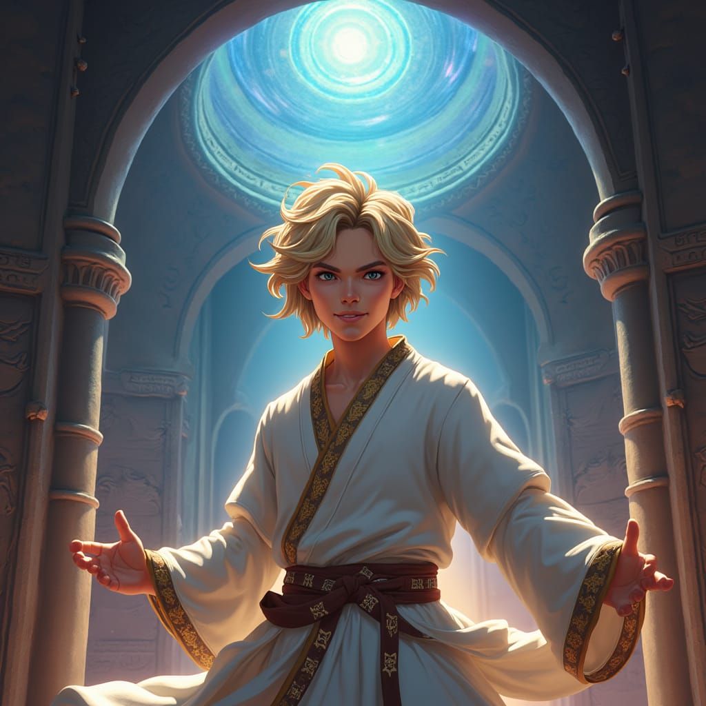 Fierce Teenage Monk in Ancient Temple, Fantasy Art