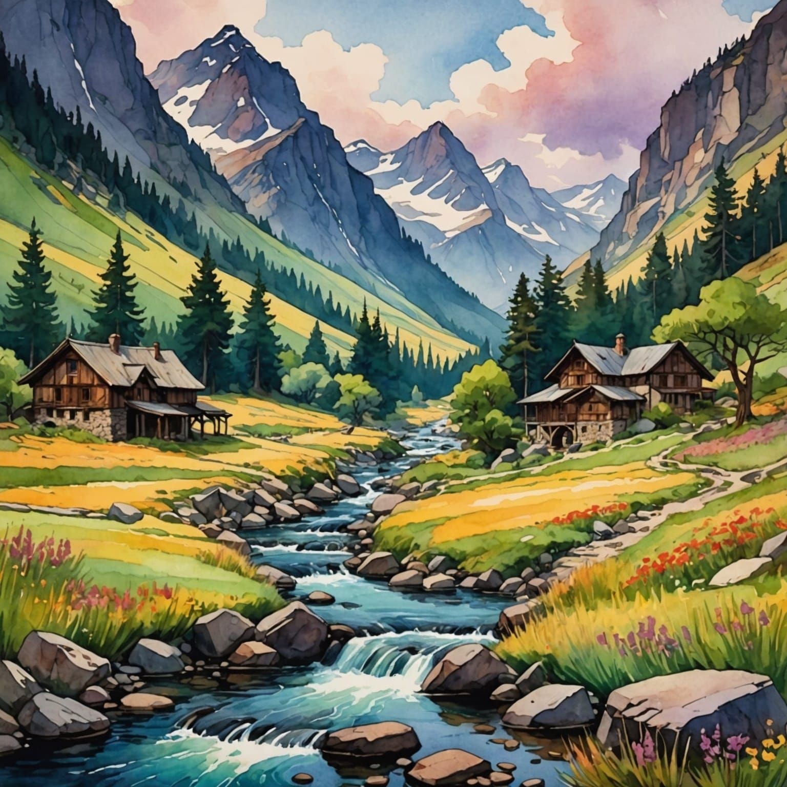 Watercolor Stream in Mountain Landscape