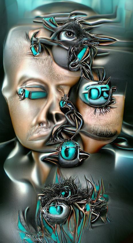 Surreal 3D Metallic Figure with Turquoise Accents