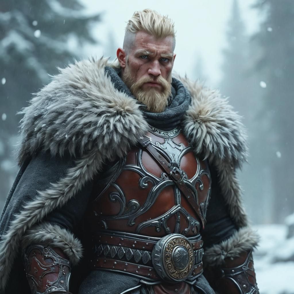 Chrome-Armored Barbarian in Snowstorm