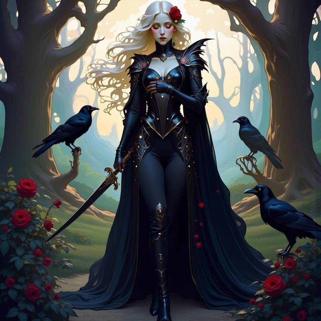 Rose Knight in Enchanted Forest, Art Nouveau