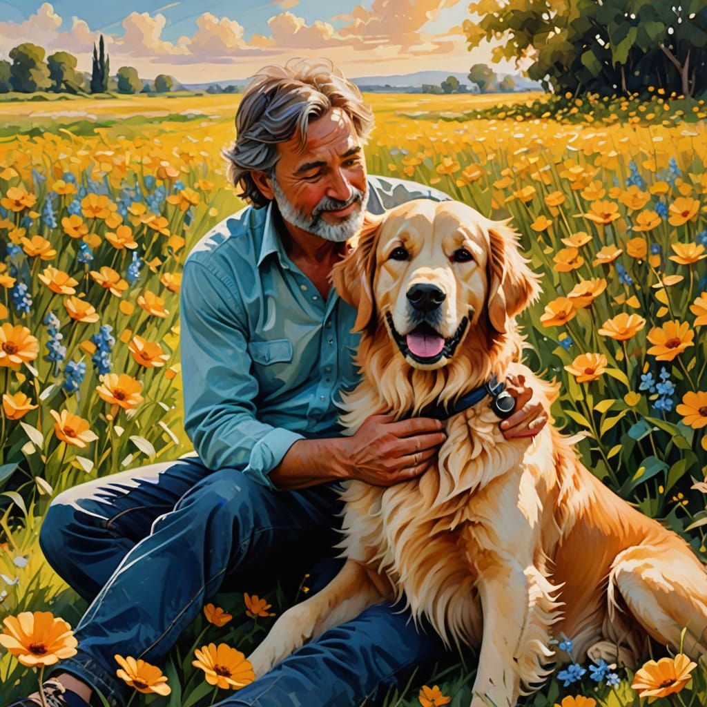 Man in Love with His Golden Retriever in a Vibrant Flower Fi...