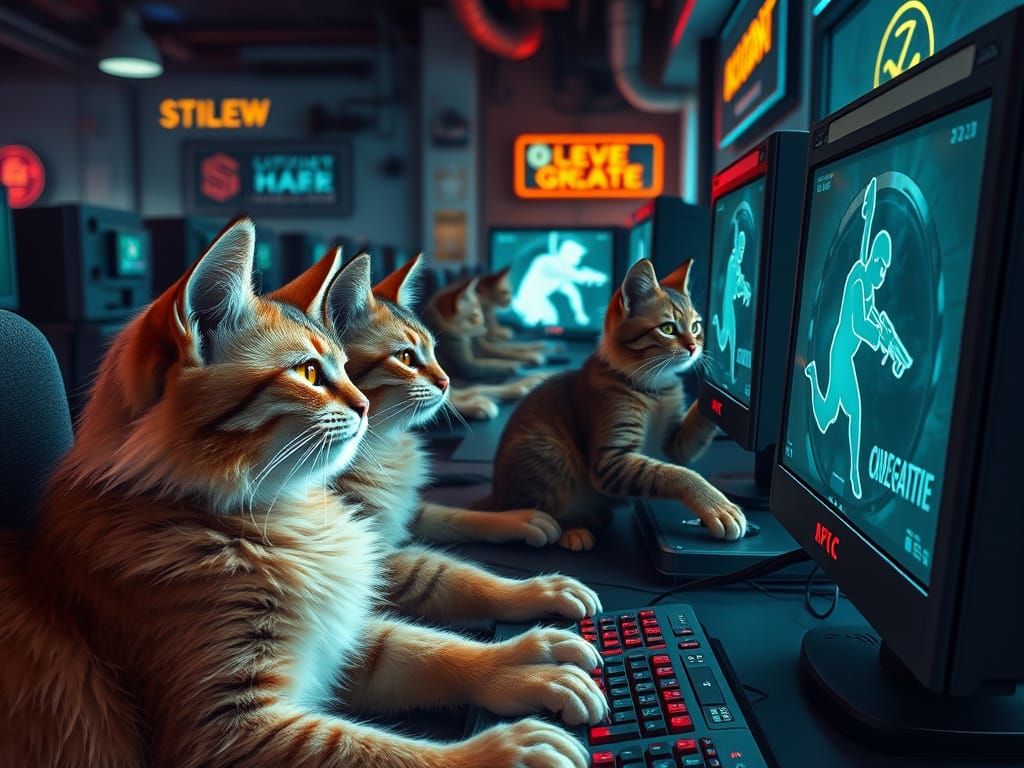 Futuristic Feline Gamers in a Neon-Lit Internet Cafe