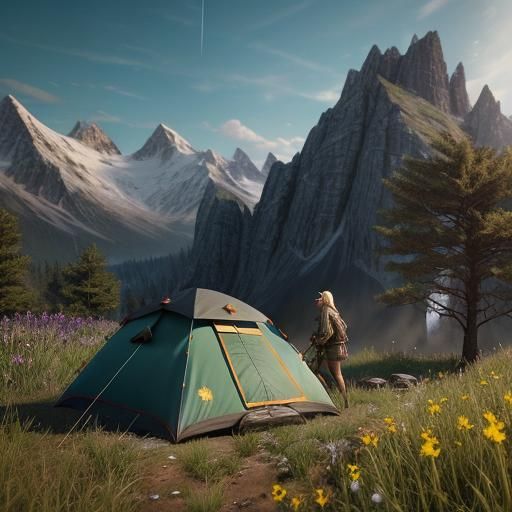 Backpacker in Mountain Field, Detailed Matte Painting