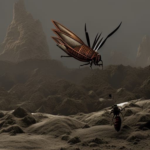 Cicada and Ant Woodcut in Black and White