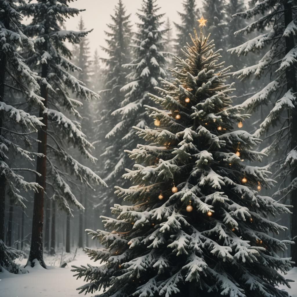 Magical Christmas Tree in Snowy Winter Forest