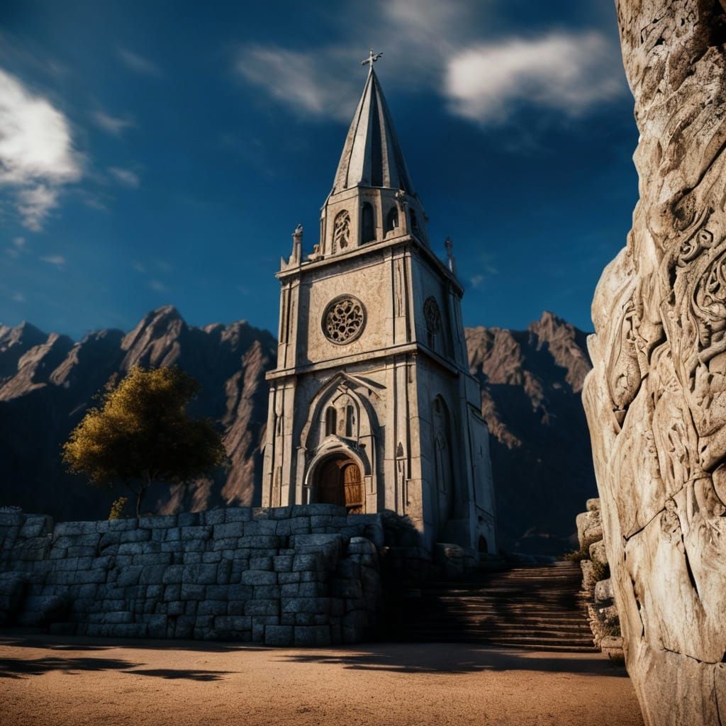 Cinematic Church in Secluded Mountains, Hyperrealistic Style