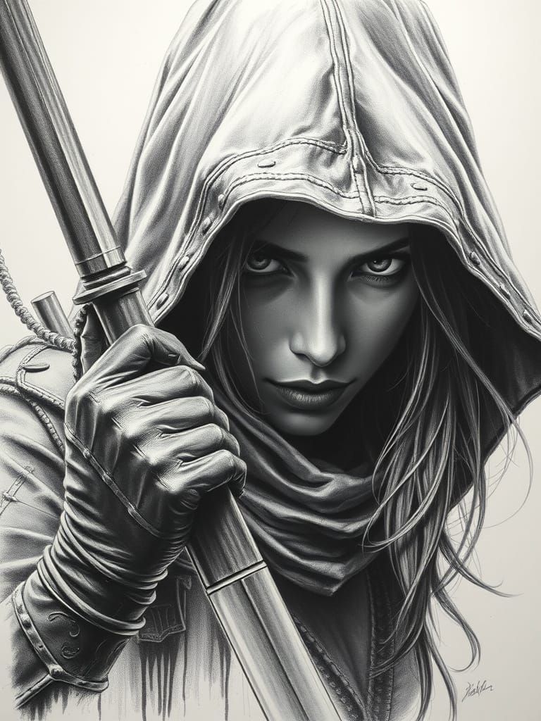 Ultra Realistic Female Assassin Charcoal Drawing