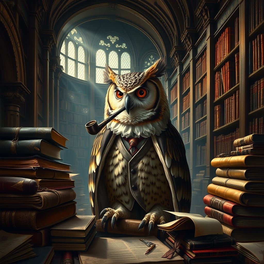 Distinguished Owl in Grand Library, Classical Painting