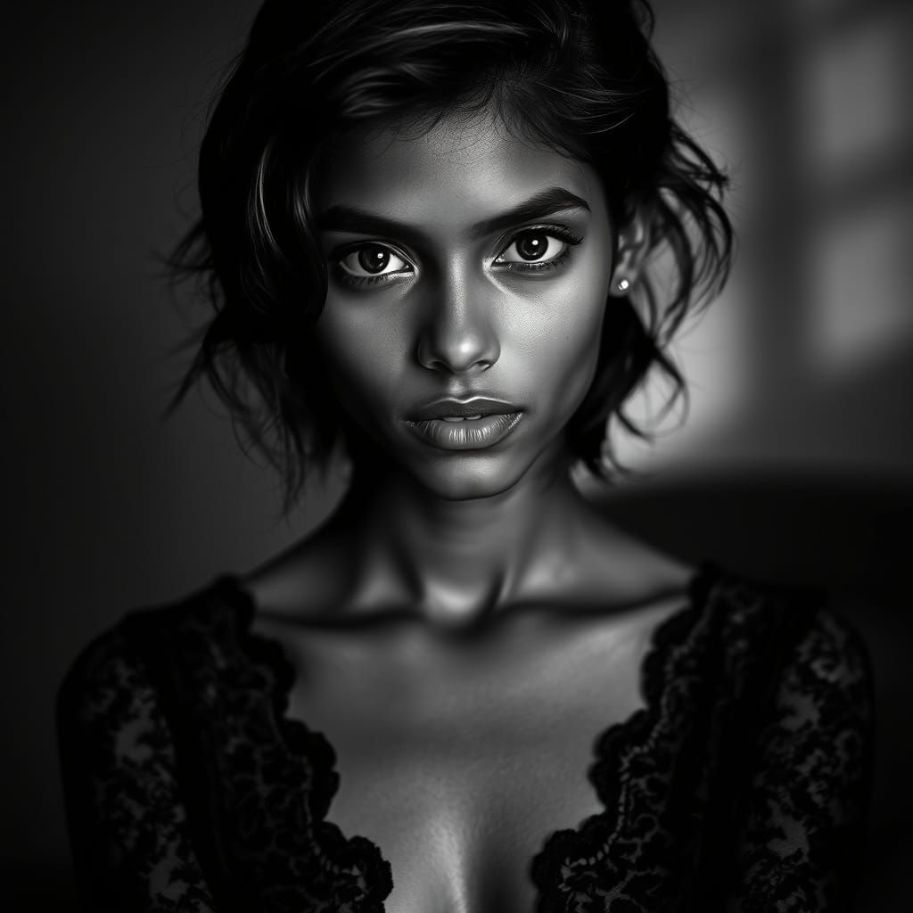 Elegant Tamil Woman in Black Lace and Chiaroscuro