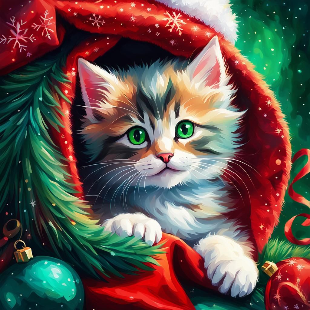 Fantastical Christmas Kitten in Oil Painting Style