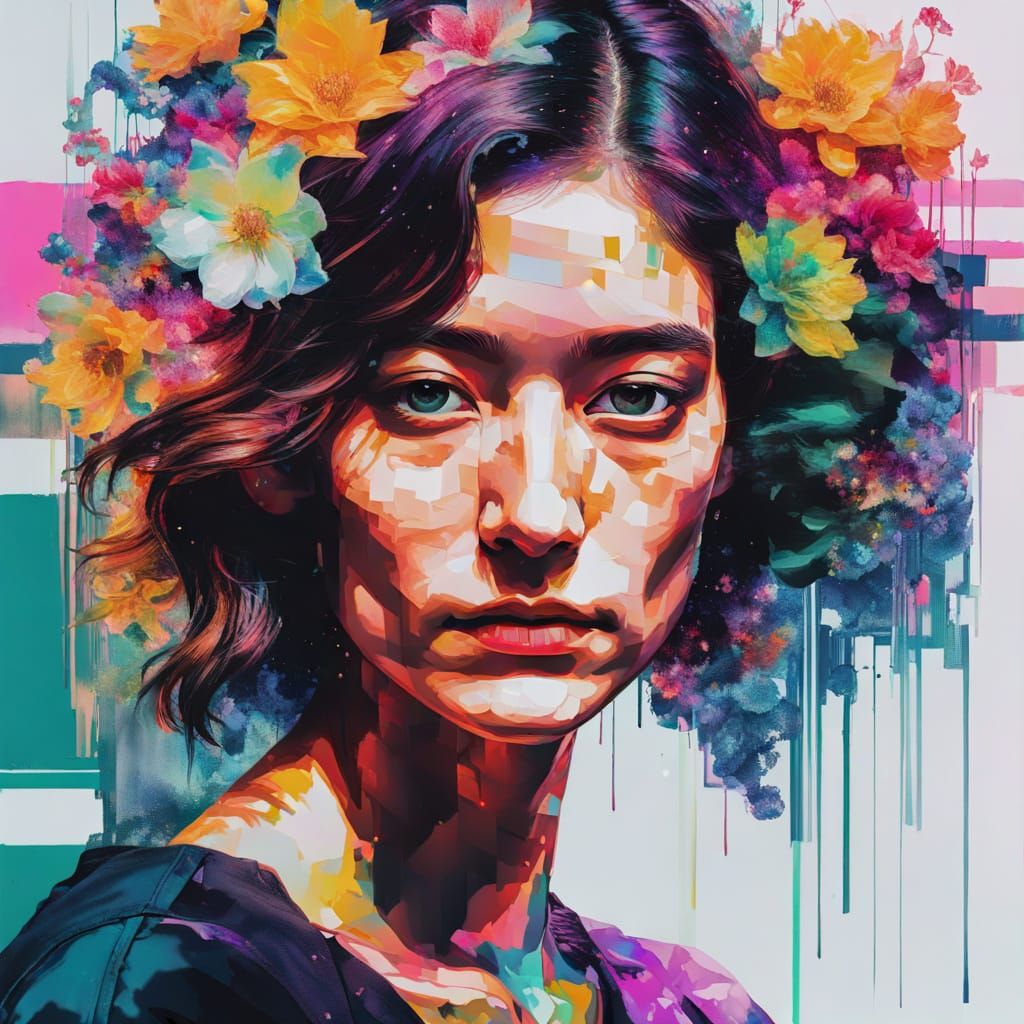 Floral Woman Portrait with Neon Glitch Effects
