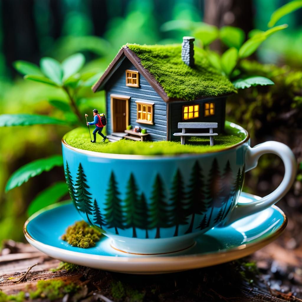 Macro Teacup Diorama: Miniature Hiker's Forest Cabin