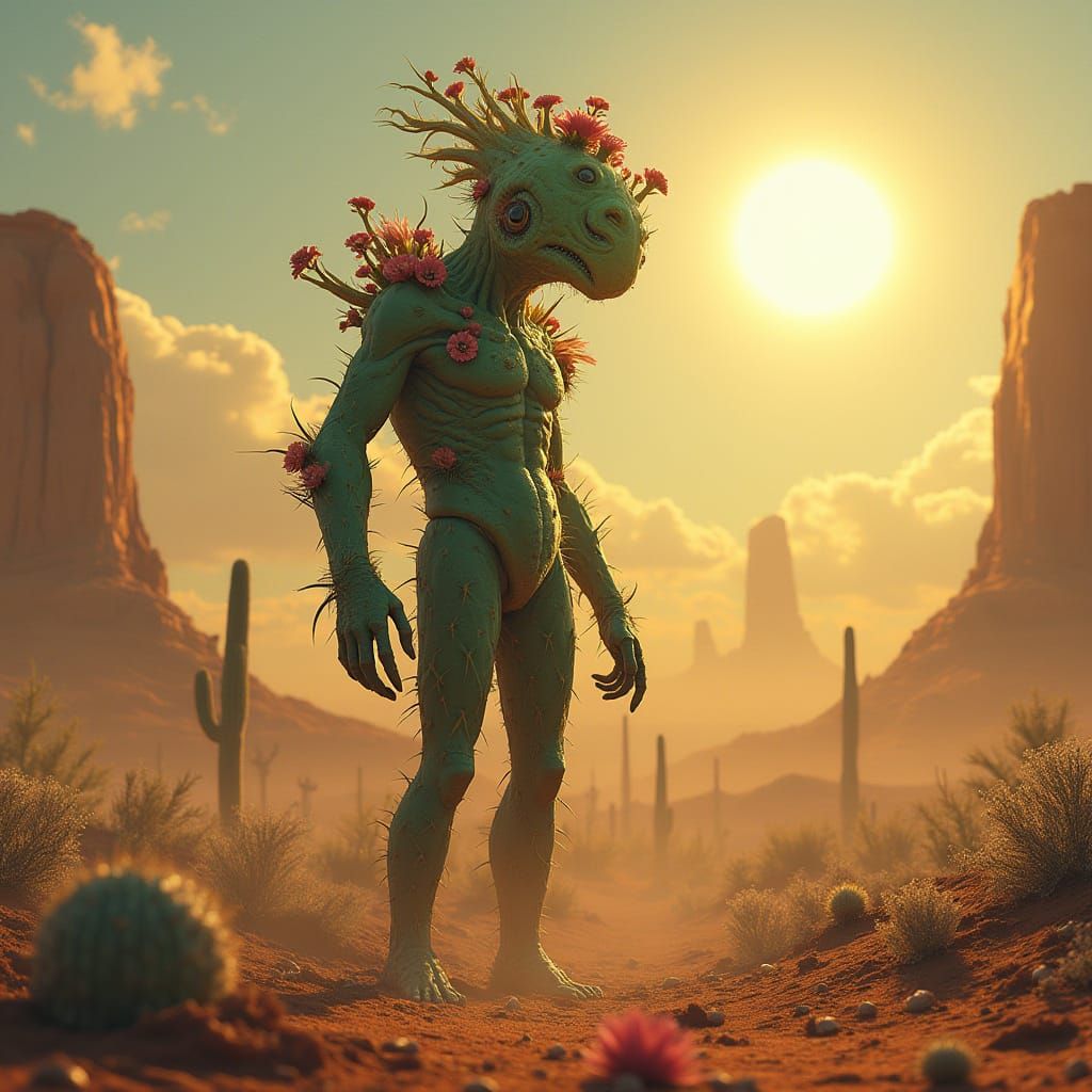 Cactus Humanoid in Desert Landscape, Hyperrealistic Renderin...