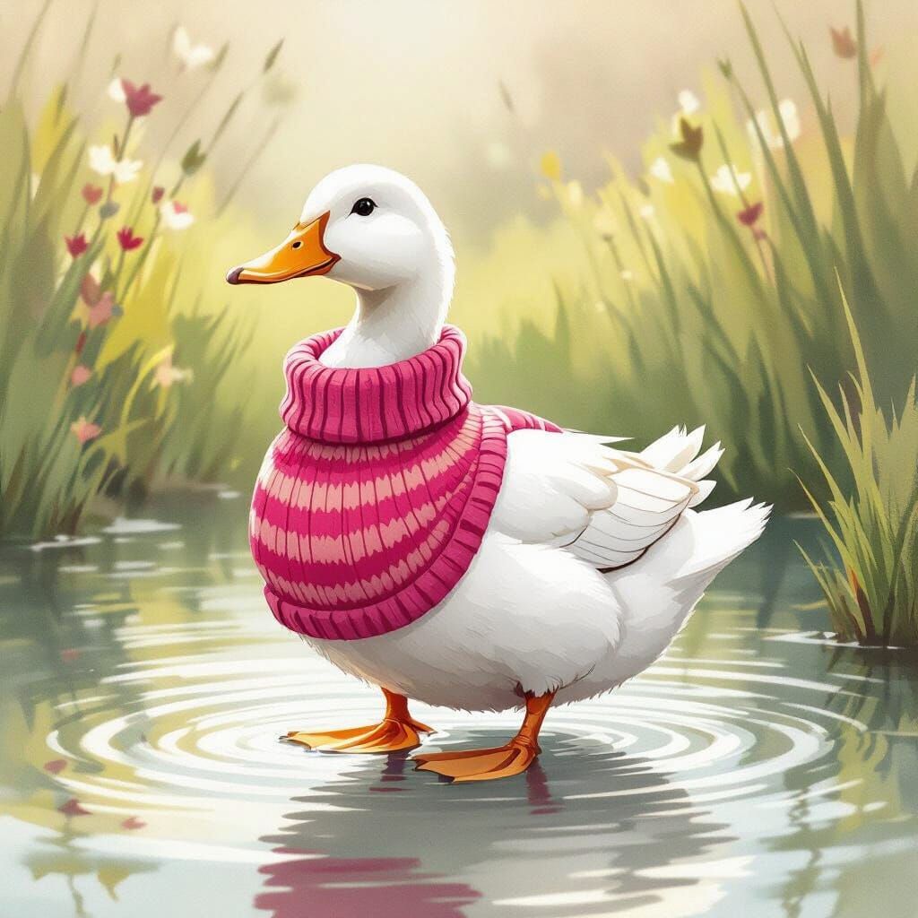 White Duck in Striped Sweater by Pond
