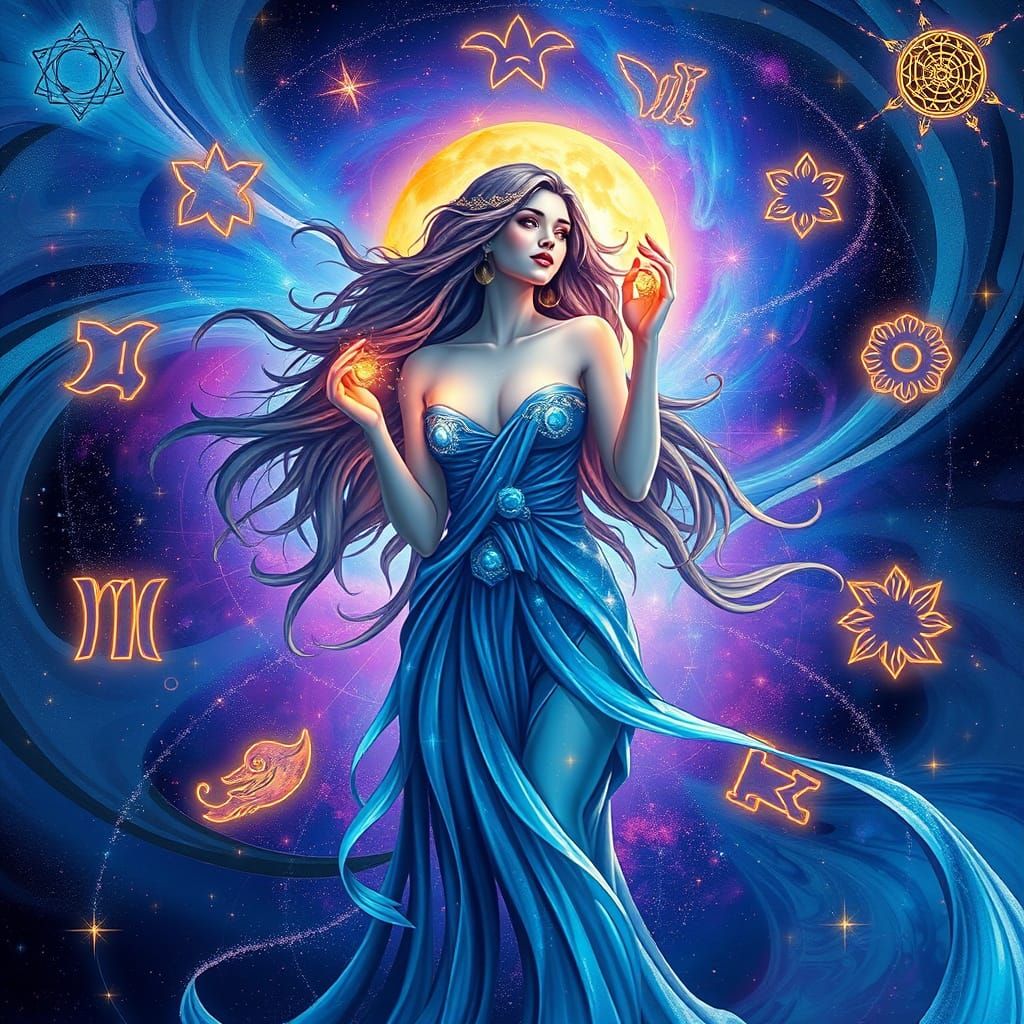Ethereal Zodiac Goddess in Swirling Galaxy Art Nouveau Style