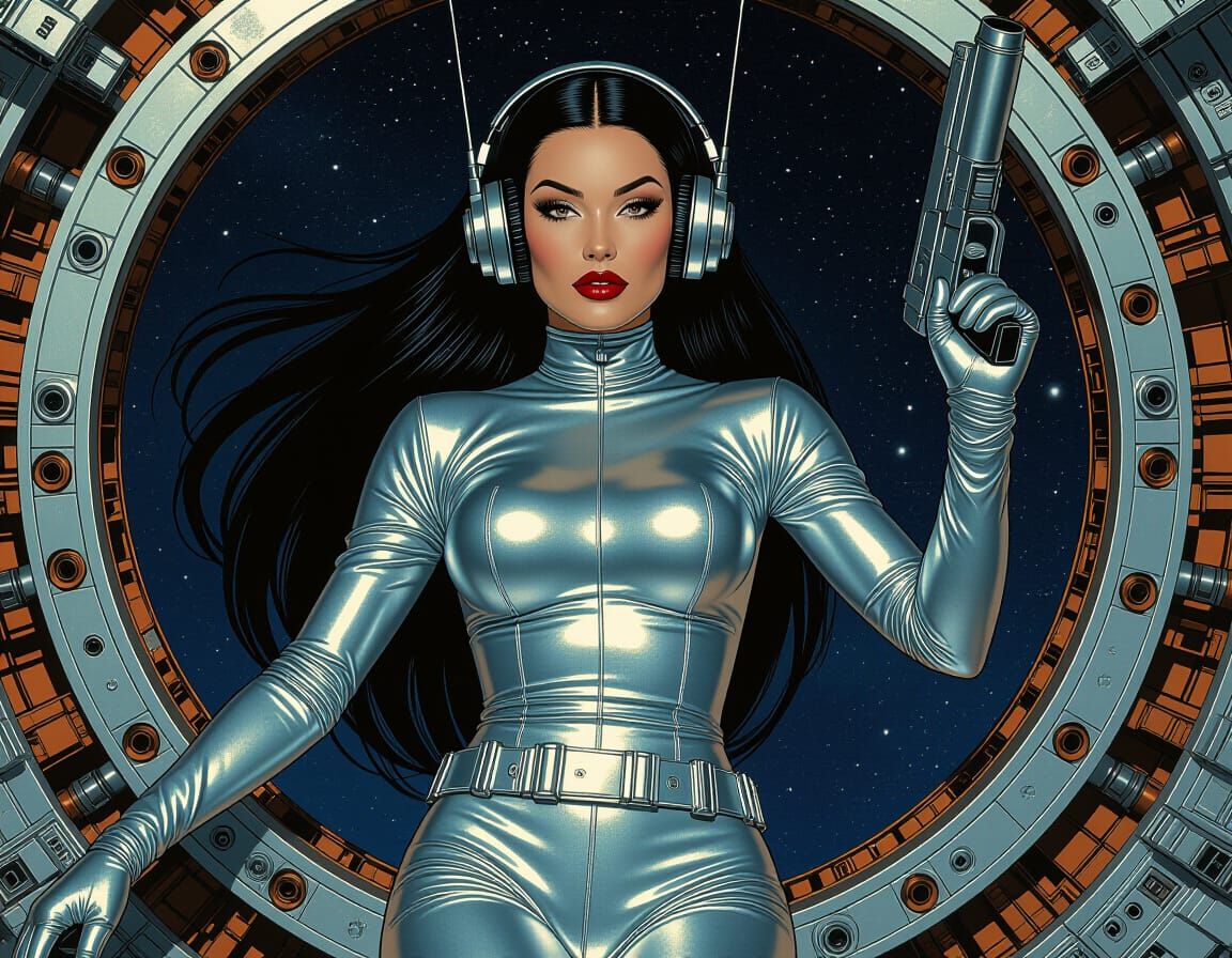 Space Woman in Silver Bodysuit with Sci-Fi Engine Aesthetic