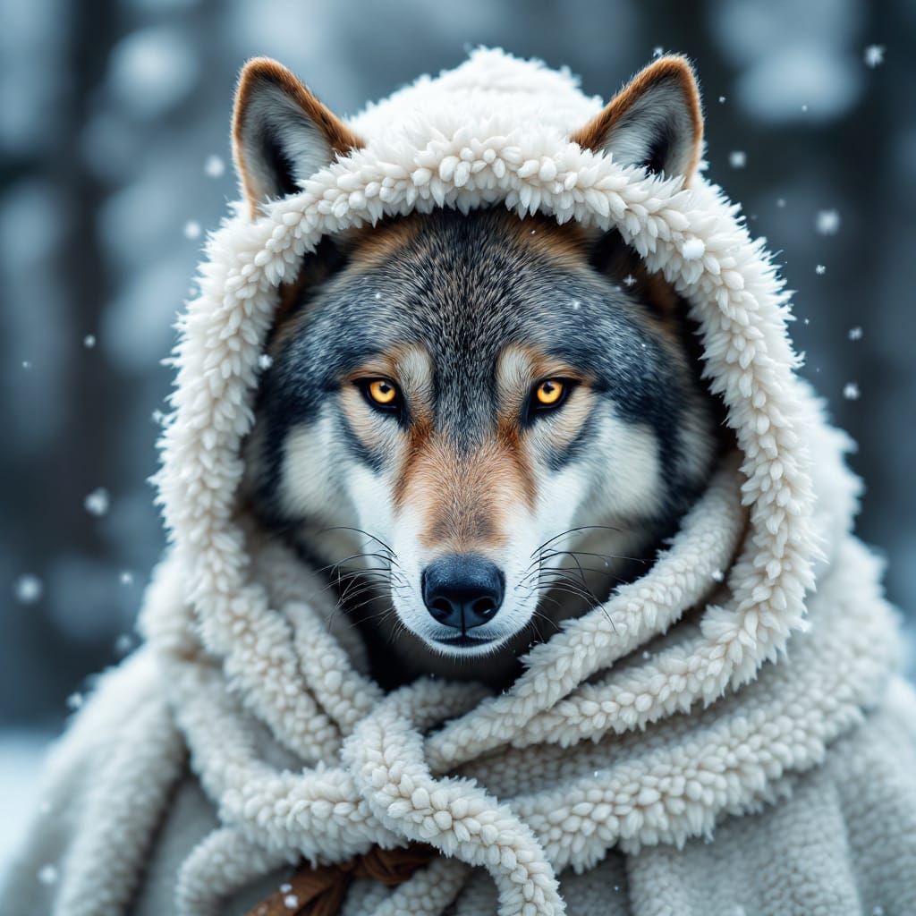 Wolf in Lamb Cloak Standing in Snowy Landscape