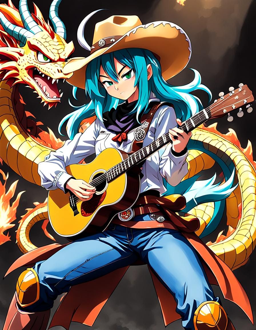 Anime Cowgirl Plays Guitar in Dragon Ball Style