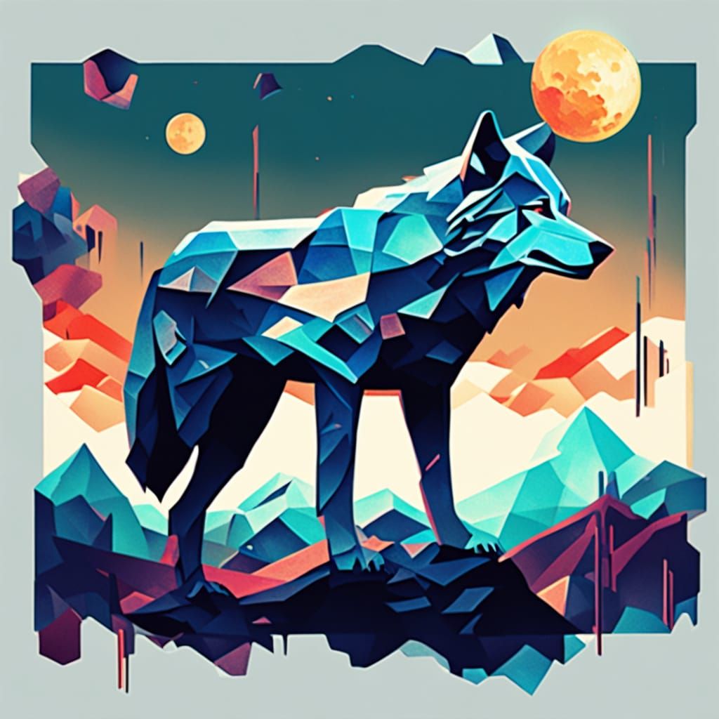 Melancholic Wolf Howls at Glitching Moon in Surreal Landscap...